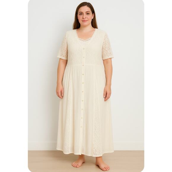 Vintage Dresses & Skirts - Vintage Plus Size 3X Maxi Dress Ivory Cream Lace Button Front Boho CottageCore
